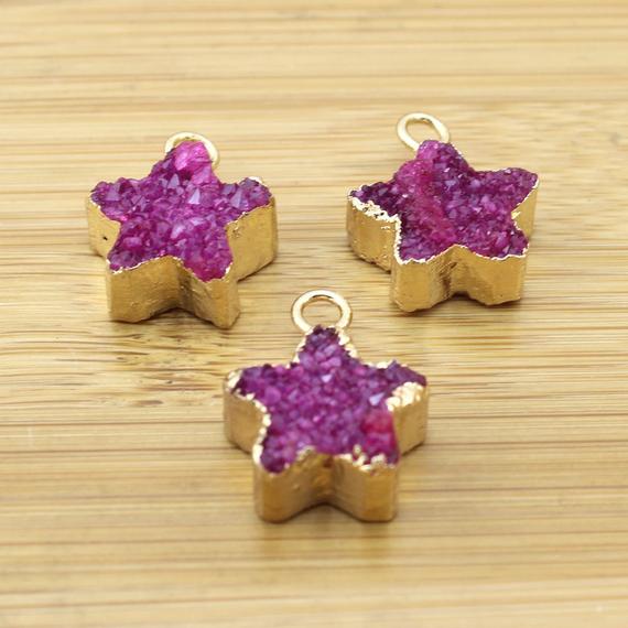 Hot Pink Druzy Pendant Charms, Star Shape Geode Pendant, Agate Druzy Pendant With Gold Plated Edges Charm, Necklace Pendant Supplies --tr202