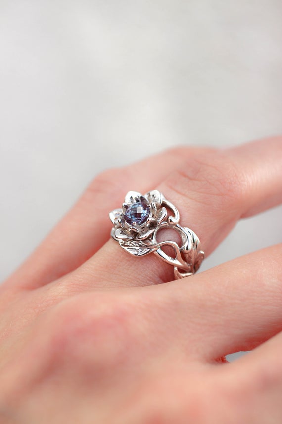 Art Nouveau Engagement Ring With Alexandrite, White Gold Flower Engagement Ring, Wide Band, Romantic Ring, Ring For Woman, Floral Jewelry
