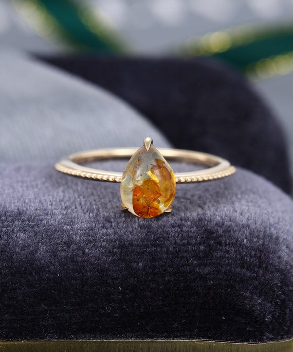 Pear Shaped Amber Engagement Ring Yellow Gold Vintage Engagement Ring Antique Art Deco Bridal Anniversary Gift For Her