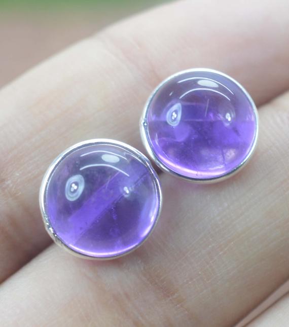 Amethyst Stud 925 Sterling Silver Gemstone Round Shape Stud Earring, Gift For Her