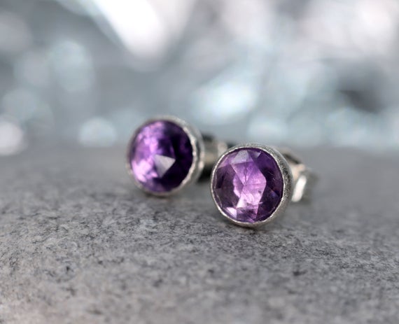 African Amethyst Stud Earrings, February Birthstone Gift For Intuition And Calm, Silver Or Gold Ear Studs, Purple Gemstone, 3mm 4mm 5mm
