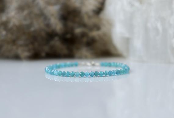 Genuine Apatite Bracelet - Bracelet Femme, Calming Bracelet, Blue Gemstone Bracelet 3mm With Sterling Silver, Natural Apatite Womens Jewelry