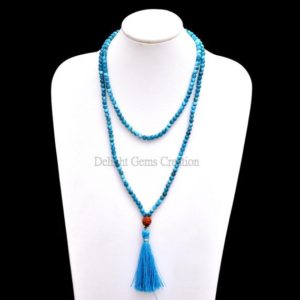 Blue Apatite Mala Necklace, 4.5mm Apatite Smooth Round Beads Mala, Apatite Gemstone Mala, Wrap Mala With Rudhraksh Guru Bead, Tassel Mala | Natural genuine Gemstone necklaces. Buy crystal jewelry, handmade handcrafted artisan jewelry for women.  Unique handmade gift ideas. #jewelry #beadednecklaces #beadedjewelry #gift #shopping #handmadejewelry #fashion #style #product #necklaces #affiliate #ad