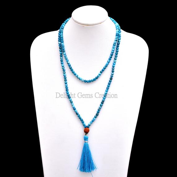 Blue Apatite Mala Necklace, 4.5mm Apatite Smooth Round Beads Mala, Apatite Gemstone Mala, Wrap Mala With Rudhraksh Guru Bead, Tassel Mala