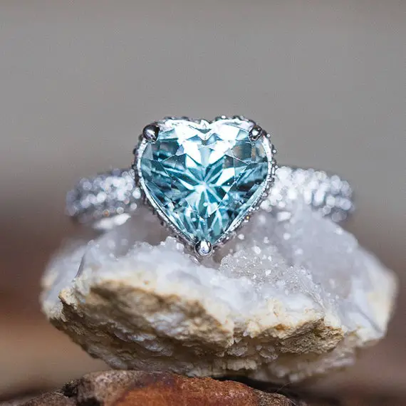 Heart Cut Aquamarine Engagement Ring With Diamonds And Filigree Basket, Lifetime Care Plan Included, Genuine Gems And Diamonds Ls5289
