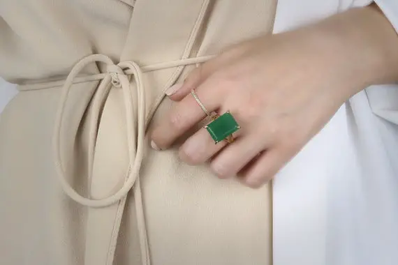 Vertical Aventurine Ring · Gold Rectangular Ring · Handmade Gemstone Ring · 14k Emerald Cut Ring ·14k Gold Ring · Mom Ring · Gifts For Mom