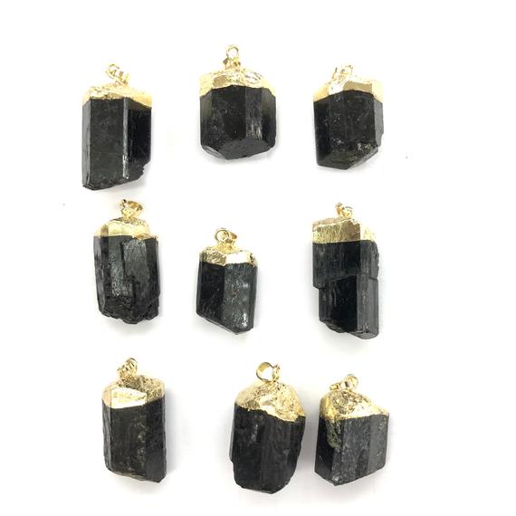 Black Tourmaline Pendant Beads, Natural Gemstone Beads, Gold Plated Clasper, Raw Stone Energy Pendant 1pc