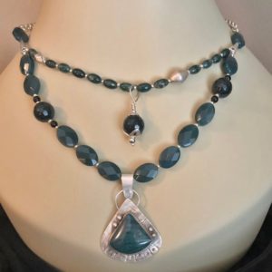 Shop Bloodstone Pendants! Rich Blue-Green Bloodstone Jasper Pendant, Double Strand Necklace, Silver Setting, Faceted Jasper Beads, Silver Chain, Western Style | Natural genuine Bloodstone pendants. Buy crystal jewelry, handmade handcrafted artisan jewelry for women.  Unique handmade gift ideas. #jewelry #beadedpendants #beadedjewelry #gift #shopping #handmadejewelry #fashion #style #product #pendants #affiliate #ad