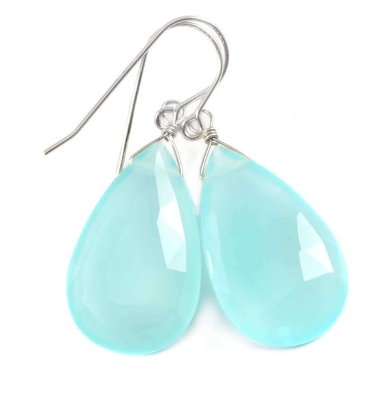 Aqua Blue Chalcedony Earrings 14k Solid Gold Or Filled Or Sterling Silver Teardrop Pear Shaped Faceted Soft Pale Blue  Long Large Drops