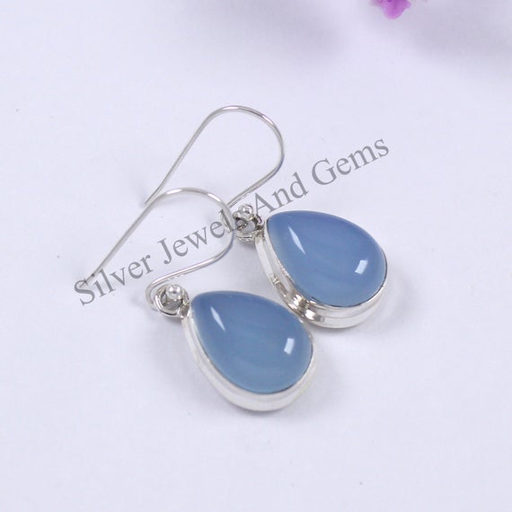 Natural Blue Chalcedony Earrings, Handmade Silver Earrings, 925 Sterling Silver, Teardrop Chalcedony Earrings, Sagittarius Birthstone