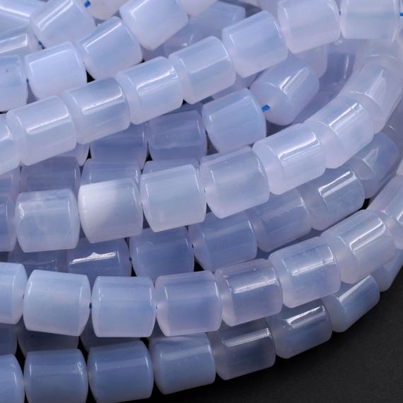Natural Blue Chalcedony Barrel Drum Tube Short Cylinder Smooth 10mm Beads 15.5" Strand