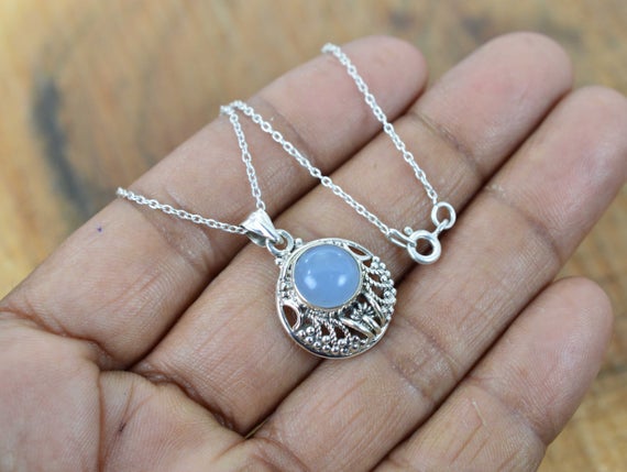 Blue Chalcedony 925 Sterling Silver Gemstone Chain Pendant W/ Or W/o Chain
