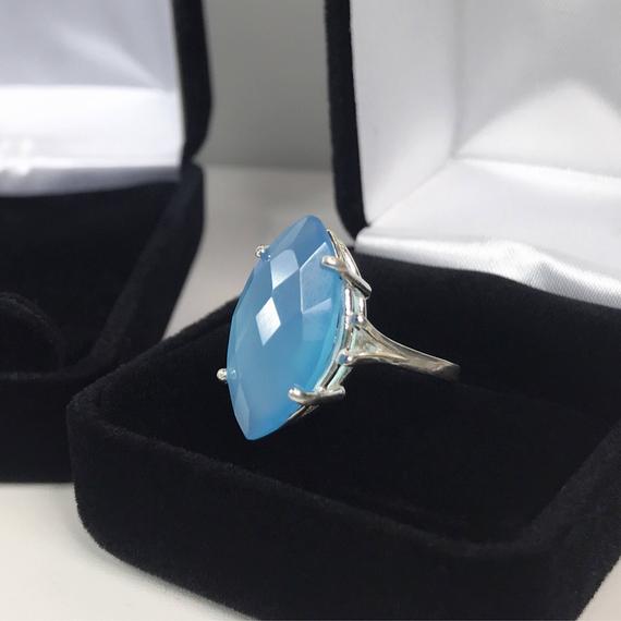 Genuine 6.5ct Marquise Cut Turquoise Blue Chalcedony Ring Sterling Silver Size 6 7 8 9 Trending Jewelry Gift Mom Wife Daughter Bridal
