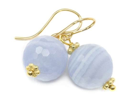 Blue Lace Agate Earrings 14k Solid Gold Or Filled Or Sterling Silver Faceted Round Dangle Drops  Natural Banding Soft Blue Simple Drops