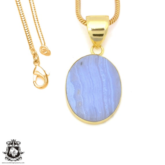 Blue Lace Agate Pendant Necklaces & Free 3mm Italian 925 Sterling Silver Chain Gph1499