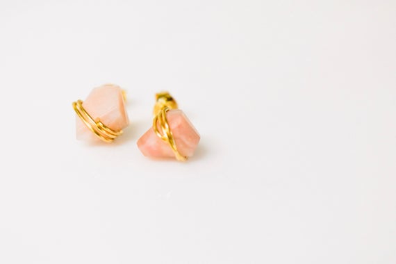 Boho Pink Opal Stud Earrings, Minimalist Pink Opal Earrings Dainty Organic Pink Opal Post Earrings, Raw Opal Earrings Gift For Girlfriend