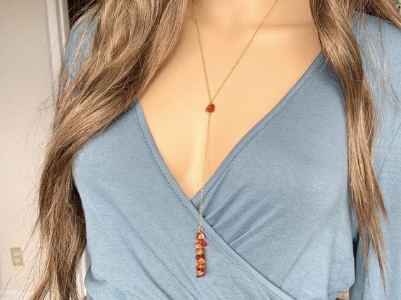 Red Carnelian Necklace, Long Crystal Necklace, Raw Gemstone Necklace For Women, Red Gemstone Y Shape Lariat Necklace, July Birthstone Gift