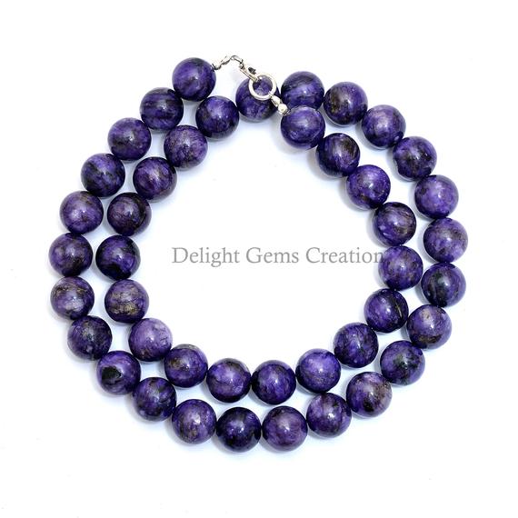 Charoite Beaded Necklace, 10mm Purple Charoite Smooth Round Beads Necklace, Aaa++ Charoite Designer Necklace Jewelry- 18 Inches Necklace