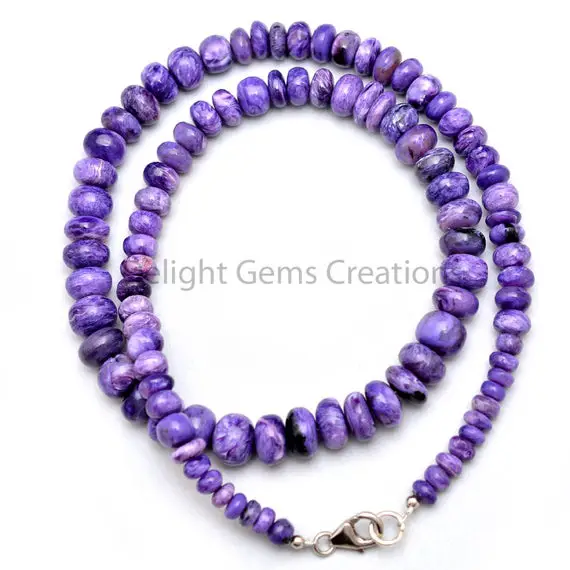 Charoite Beaded Necklace, 5-9mm Purple Charoite Smooth Rondelle Beads Necklace, Aaa++ Charoite Designer Necklace Jewelry- 18 Inches Necklace