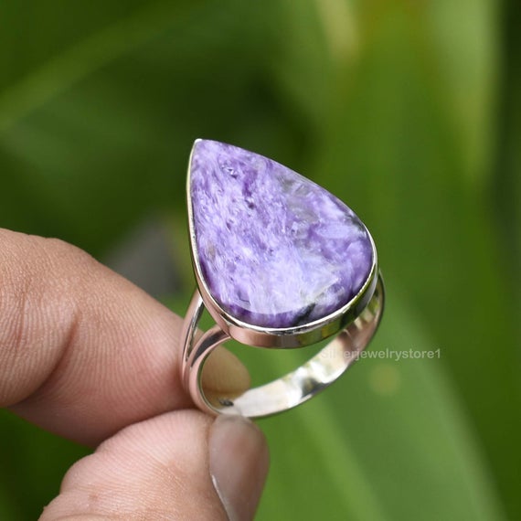 Natural Charoite Ring, Sterling Silver Ring, Charoite 15x23mm Pear Gemstone Ring, Gemstone Ring, Silver Ring, Handmade Ring, Size 9 Us, Etsy