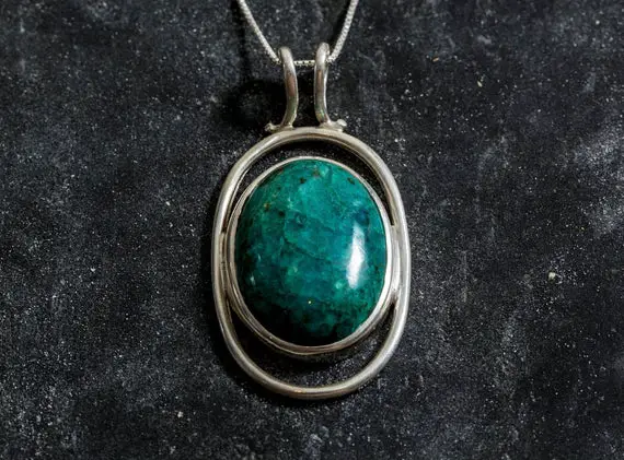 Chrysocolla Pendant, Natural Chrysocolla Necklace, Green Round Pendant, Unique Silver Pendant, Large Silver Pendant, Rare By Adina
