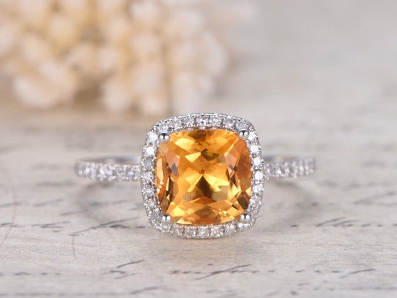 14k White Gold 8mm Cushion Cut Citrine Diamond Halo Engagement Wedding Ring Citrine Engagement Halo Ring Valentine Gift For Her