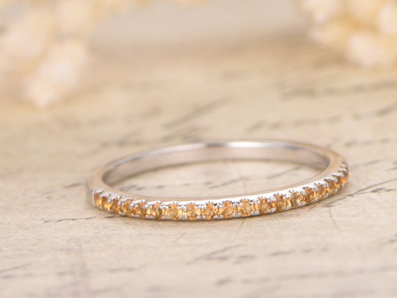 14k Yellow Gold Wedding Band Half Eternity Ring Yellow Citrine Engagement Ring Stackable Ring Pave Citrine Ring Citrine Wedding Ring