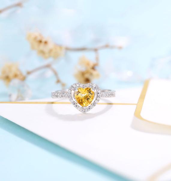 Citrine Engagement Ring Women White Gold Heart Cut Bridal Vintage Moissanite Halo Eternity Art Deco Wedding Ring Promise Anniversary Ring