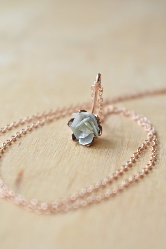 Raw Diamond Gemstone And 14k Rose Gold Fill Necklace, Pink Gold Flower Pendant, Blooming Lotus Flower Jewelry, Unique One Of A Kind Jewelry
