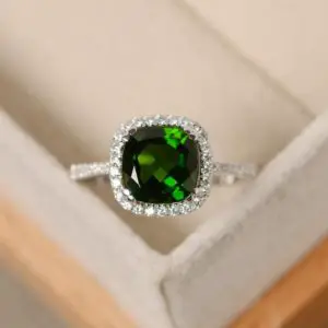 Shop Diopside Rings! Natural chrome diopside ring, cushion cut gemstone, engagement ring, green gemstone ring | Natural genuine Diopside rings, simple unique alternative gemstone engagement rings. #rings #jewelry #bridal #wedding #jewelryaccessories #engagementrings #weddingideas #affiliate #ad