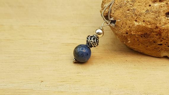 Small Dumortierite Pendant Necklace. Reiki Jewelry Uk. 10mm Blue Stone. Minimalist Blue Bali Silver Necklace