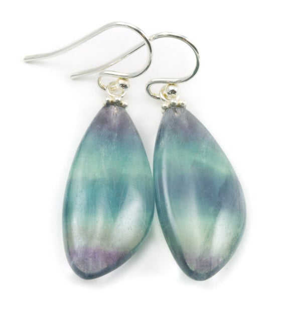 Fluorite Earrings Smooth Teardrop Sterling Silver Or 14k Solid Gold Or Filled Flourite Natural Purple Striped Curved Teal Purple Green Drops