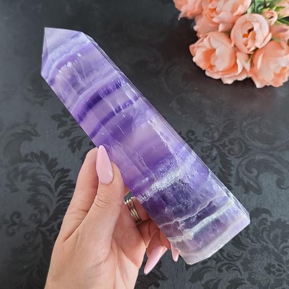 Fluorite Tower, Large 7" Purple Pink Mexican Crystal Point Generator Wand For Decor, Metaphysical Gifts, Or Crystal Grids