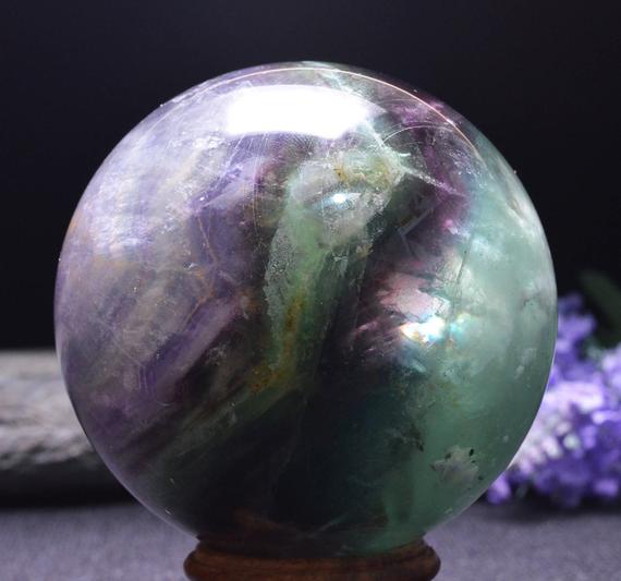 Natural Extra Green Purple Rainbow Tats Fluorite Crystal Sphere/colorful Rocks/healing Stone /calming/ Reiki/wicca/chakra/zen-85mm 1059g