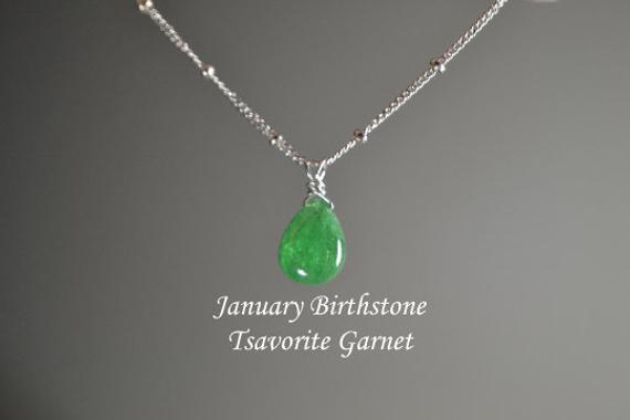 Tsavorite Garnet Briolette Necklace In Sterling Silver // Green Garnet // January Birthstone // Minimalist Garnet // 25th Anniversary Gift