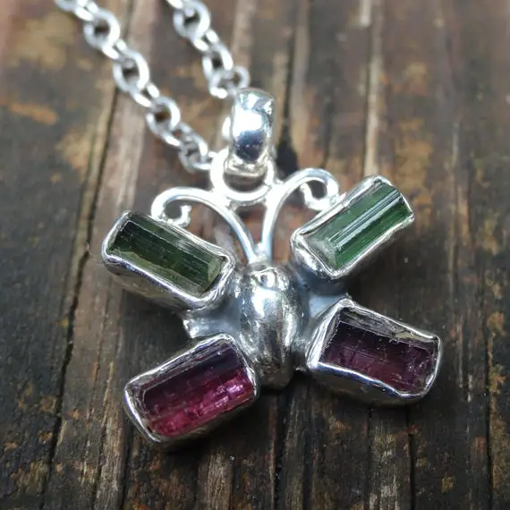 Butterfly - Raw Pink & Green Tourmaline Sterling Silver Necklace, 925 Raw Tourmaline, Green, Pink Pendant, Butterfly Jewelry, Raw Stone