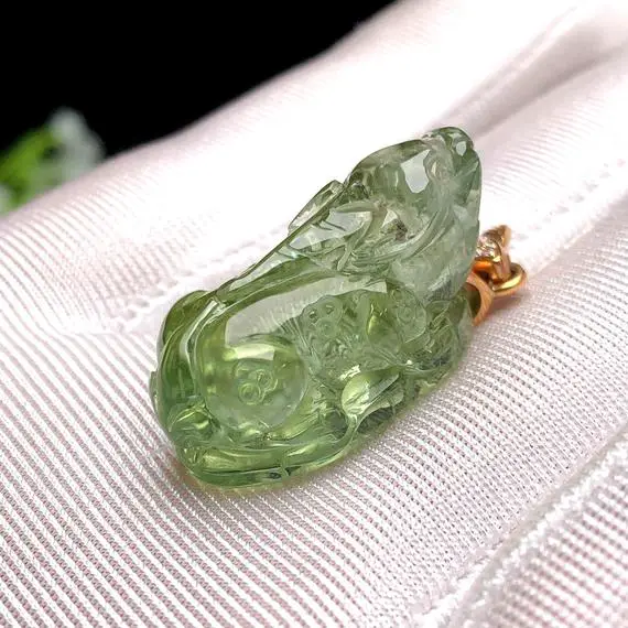 Natural Clear Green Tourmaline Carved Pixiu貔貅 Pendant,stunning Master Hand Carving Pixiu貔貅,reiki Healing Crystal,18k Rose Gold Pendant Gift