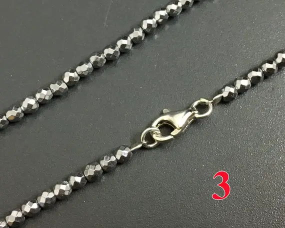 Women Necklace, Silver Hematite Necklace, Stone Beads Necklace, 925 Silver Clasp 2mm 3mm 4mm 30''