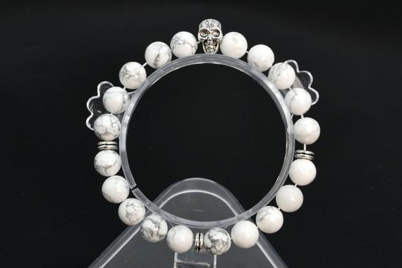 8mm White Howlite Beads Bracelet Grade Aaa Genuine Natural Round Gemstone 6" With A Skull Charm Bulk Lot 1,3,5,10 And 50 (106799h-076)