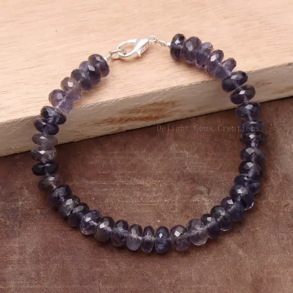 Stunning Iolite Gemstone Faceted Rondelle Beads Bracelet, 8mm-8.5mm Iolite Roundels Beaded Bracelet, Semi Precious Purple Beads Bracelet