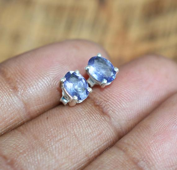 Cut Iolite 925 Solid Sterling Silver Dainty Oval Stud Earring ~ Gift
