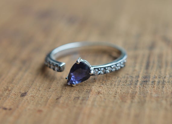 Iolite 925 Sterling Silver Wedding Ring ~ Cut Gemstone Blue Iolite & Cubic Zirconia Ring ~ Gift For Her