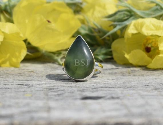 Nephrite Jade Ring, 925 Sterling Silver, Pear Shape, Green Color Stone, Simple Ring, Handmade Silver Gift Ring, Gemstone Gift, Sale Rings