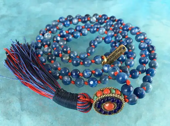 7 Mm Aaa Grade Kyanite Mala Beads Necklace, Kyanite Jewelry, Kyanite Knotted Healing Mala Beads, Energized 108 Genuine Kyanite Gemstone Mala