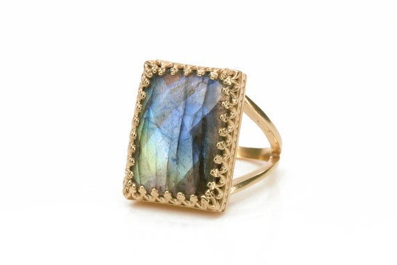 Rose Gold Labradorite Ring · Gemstone Ring · Rectangular Ring · Large Ring · Big Statement Ring · Natural Stone Ring · Bridal Ring