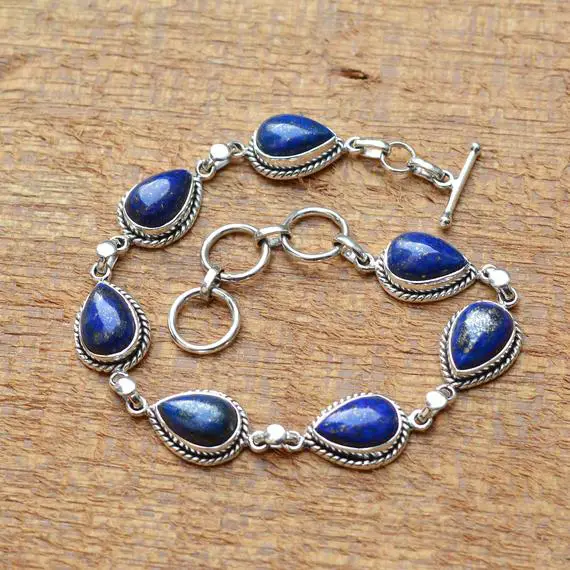 Lapis Lazuli Bracelet, 925 Sterling Silver Bracelet, Lapis Lazuli 8x12 Mm Pear Gemstone Bracelet, Lapis Bracelet, Silver Bracelets,