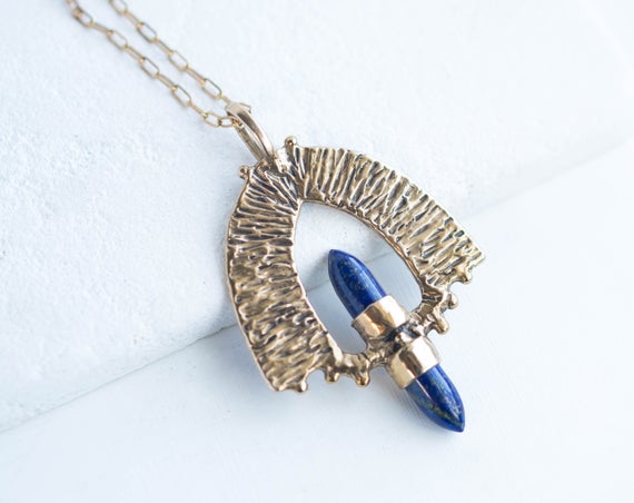 Petra / Lapis Lazuli Necklace, Bronze Pendant, Crystal Point Necklace, Statement Necklace, Bohemian Necklace, Warrior Jewelry
