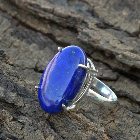 Genuine Lapis Lazuli Gemstone Ring - 925 Silver Birthstone Ring - Blue Gemstone Ring Jewelry - Junuary Birthstone Ring - Yellow Gold Ring