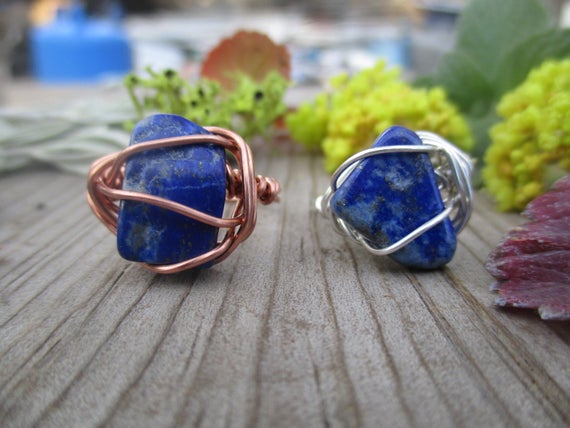 Natural Lapis Lazuli Crystal Ring, Lapis Lazuli Ring, Sterling Silver Lapis Ring, Copper Lapis Ring, Made To Order, Choose Your Size, Denim