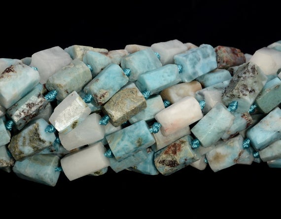 Genuine Natural Rough Larimar Gemstone Blue Grade A 9x7-11x8mm Faceted Round Tube Loose Beads
